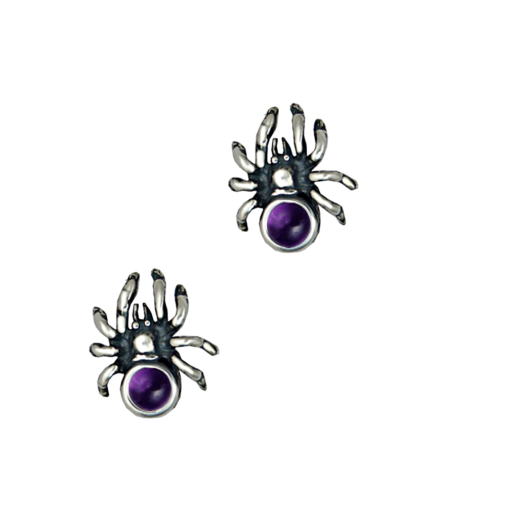 Sterling Silver Small Spider Post Stud Earrings With Amethyst